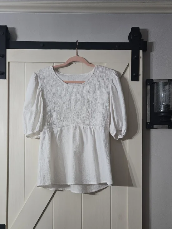 White Smocked Puff-Sleeve Peplum Top - Picture 1 of 6